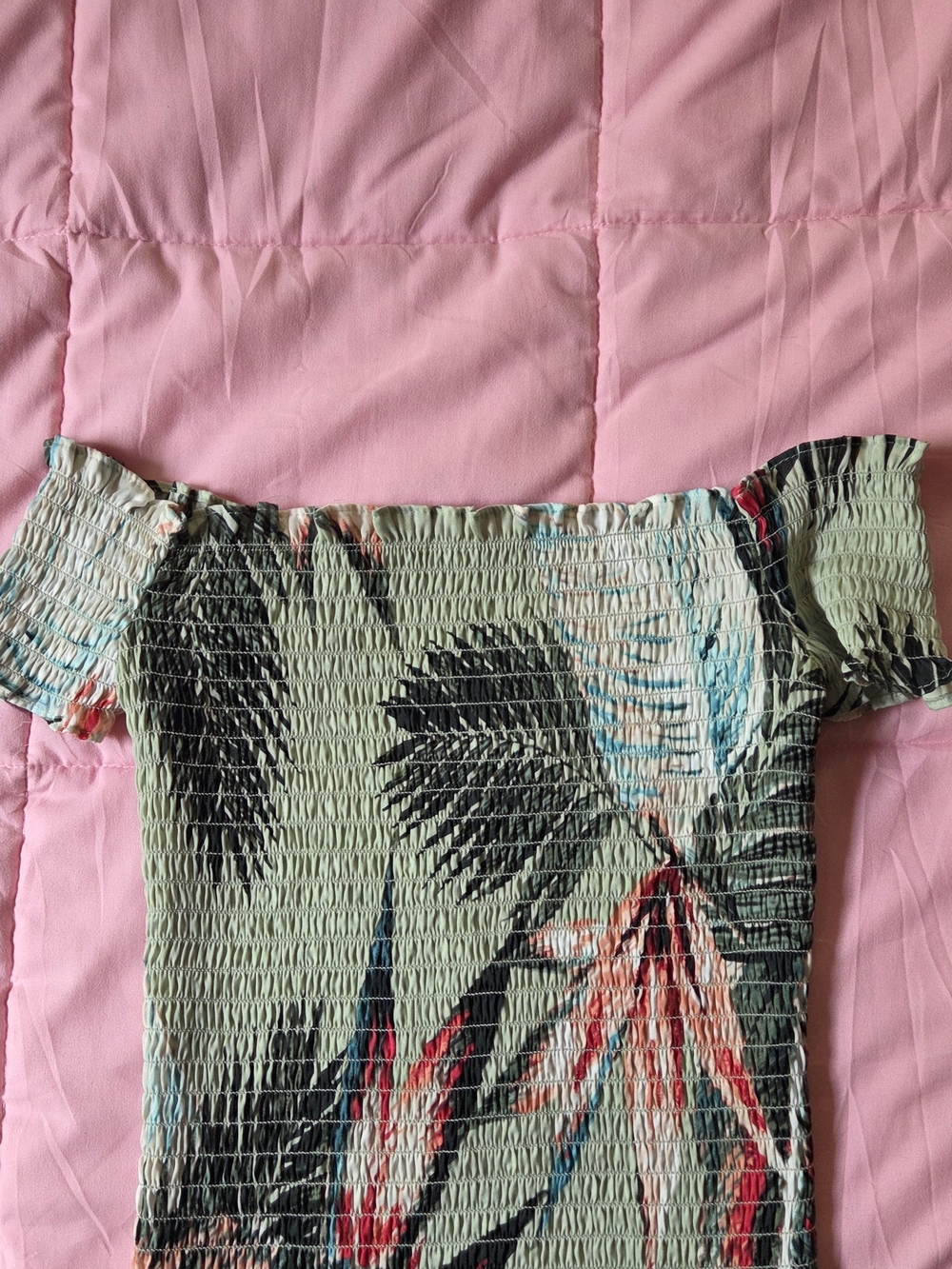 Guess Smocked Off-Shoulder Tropical Top Sage Green & Coral Print